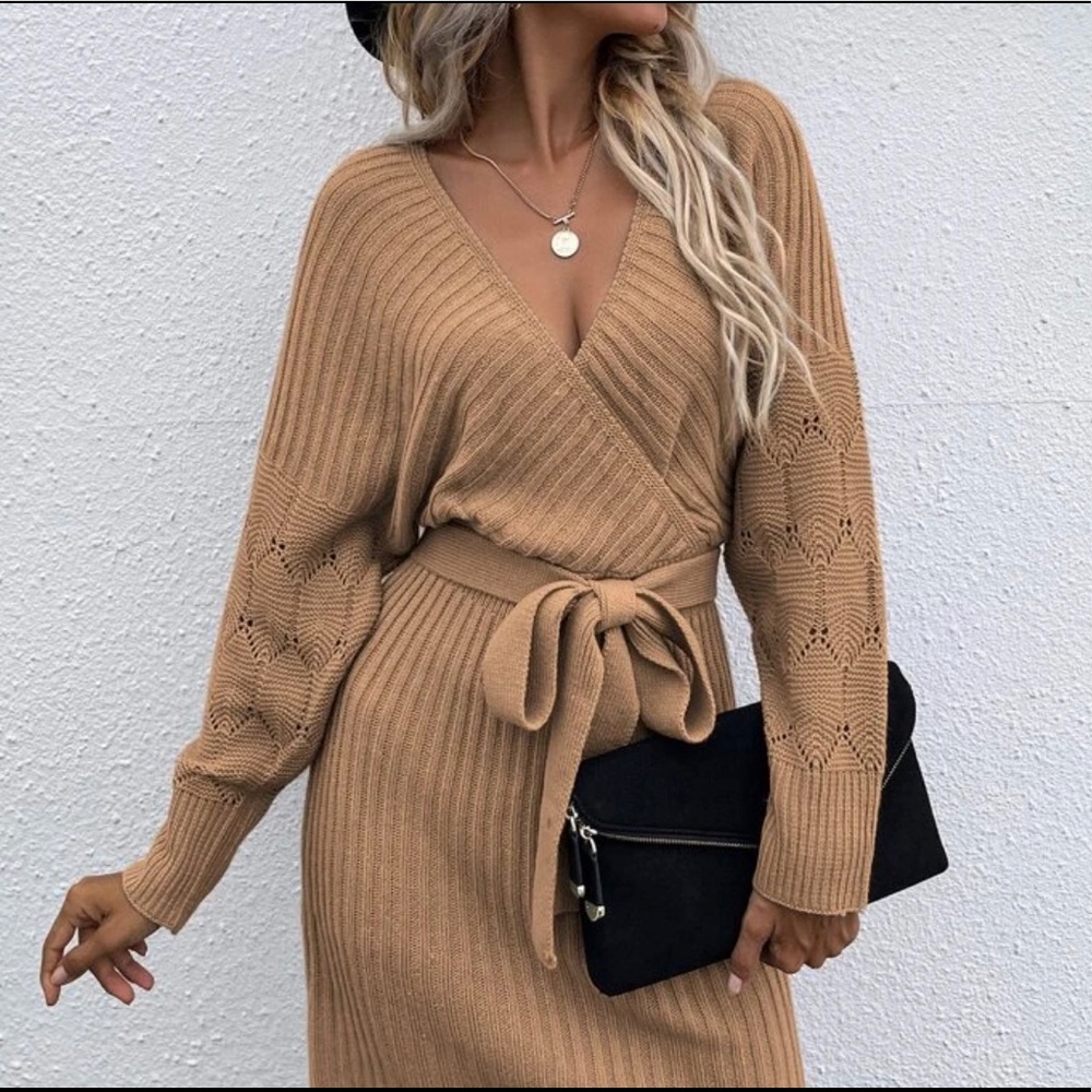 Cozy Burgundy Cut out Back Belted Sweater Dress Minimalist - Picture 15 of 15